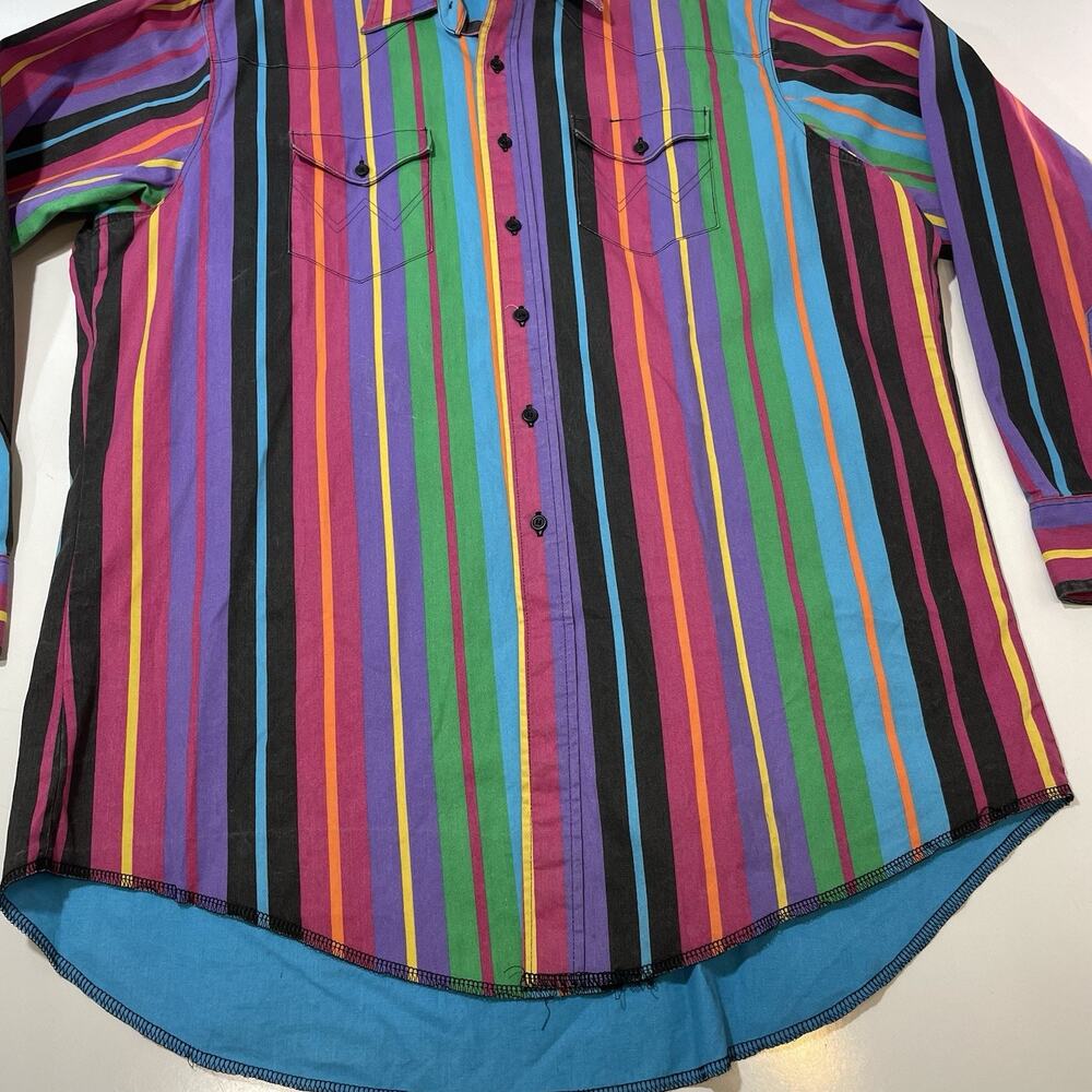 VTG 90s Wrangler Western Button Shirt 18 36 X-Long Tails Brushpopper Striped - Picture 2 of 7